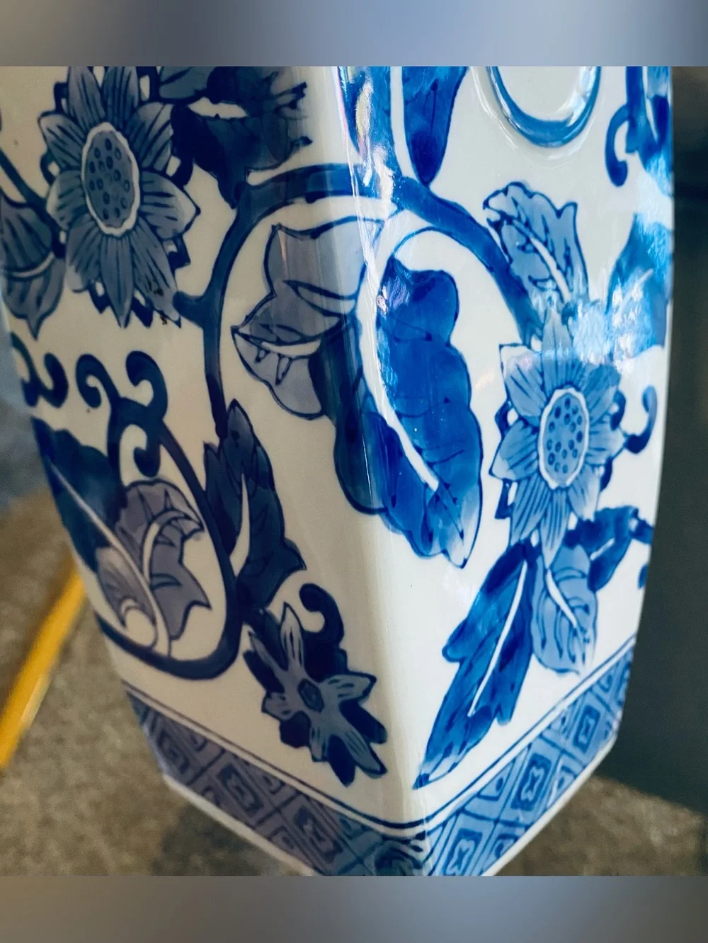 Chinoiserie Blue White Chinese Porcelain Vase Flowers Square Base Handles 10”